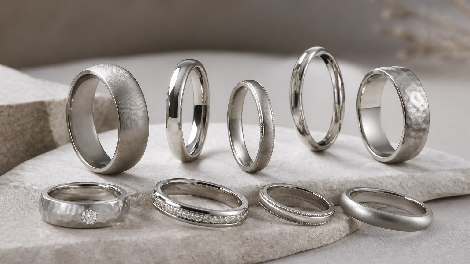 Collection diversifiée d'alliances en platine et or blanc