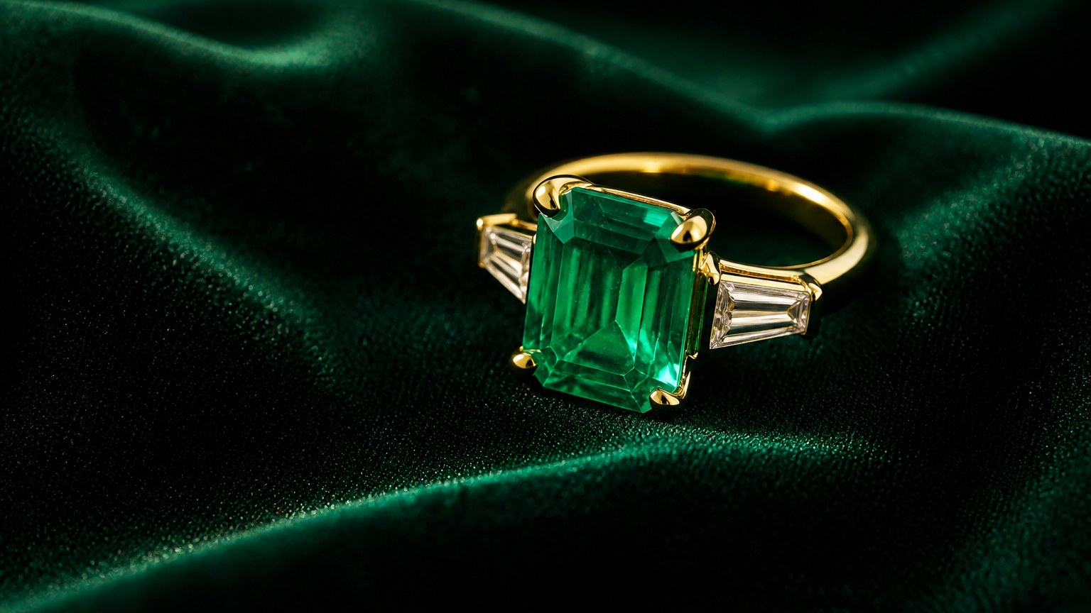 Bague en or avec une pierre émeraude brillante sur velours vert