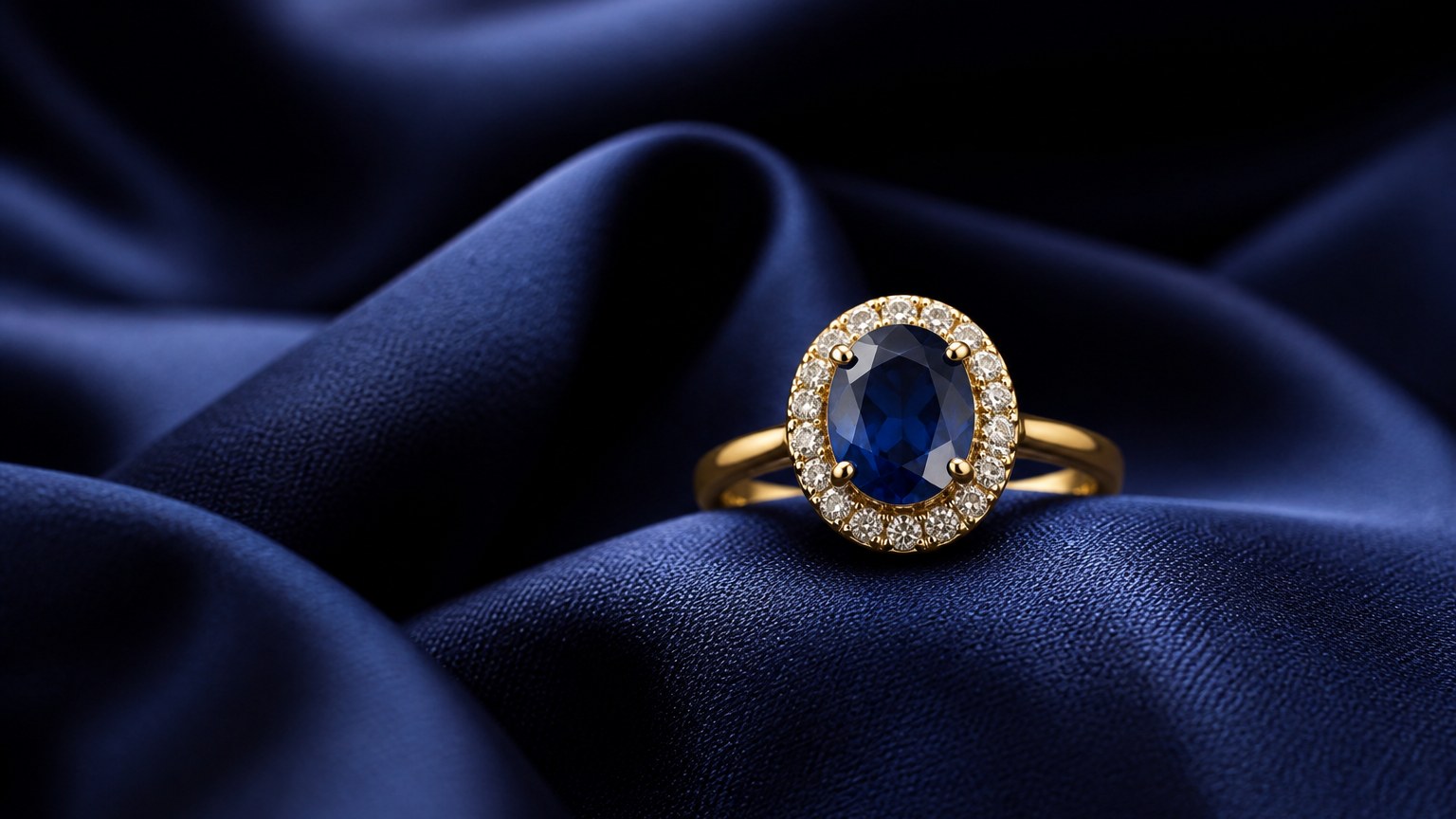 Bijou en or serti d'un saphir bleu sur tissu bleu
