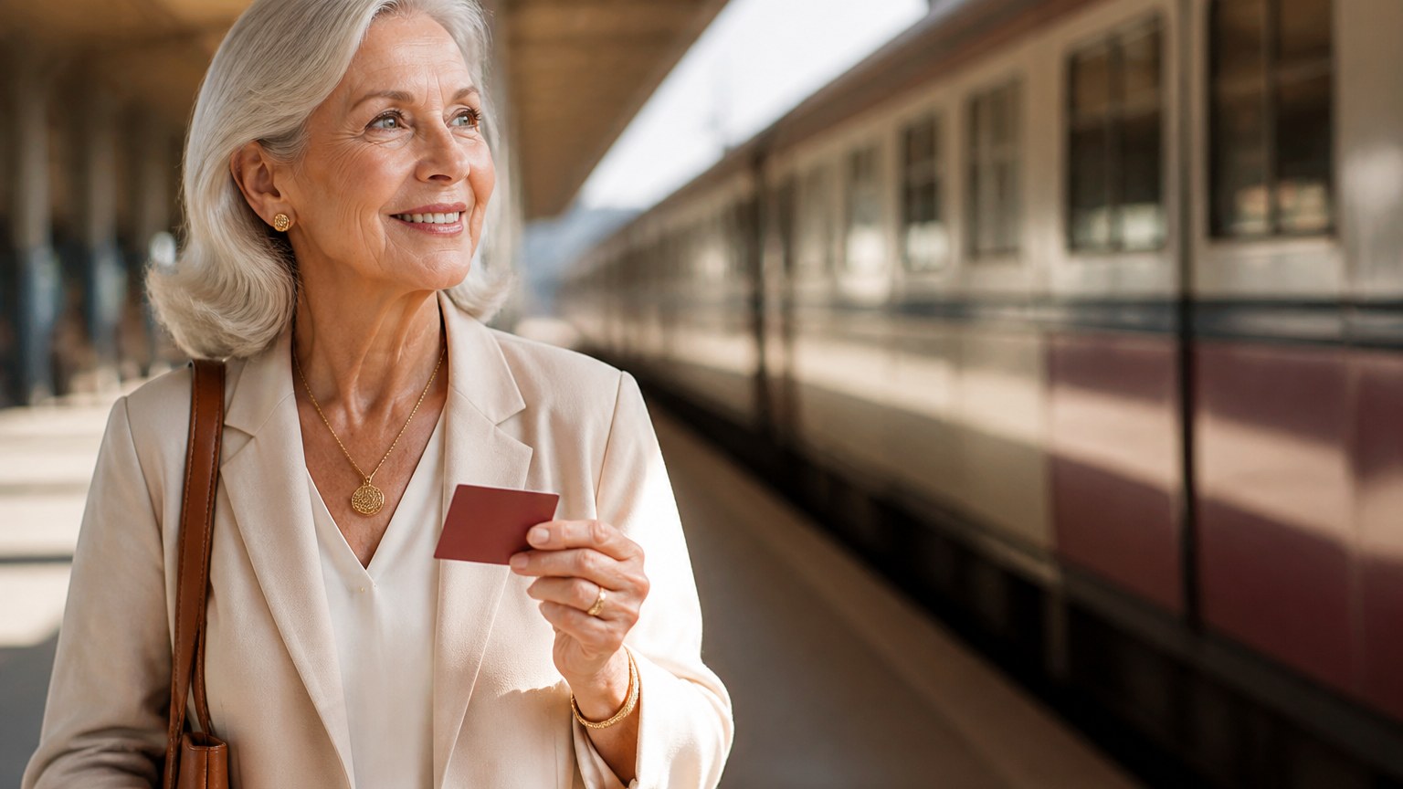 Femme senior tenant sa carte vermeil SNCF devant un train en gare