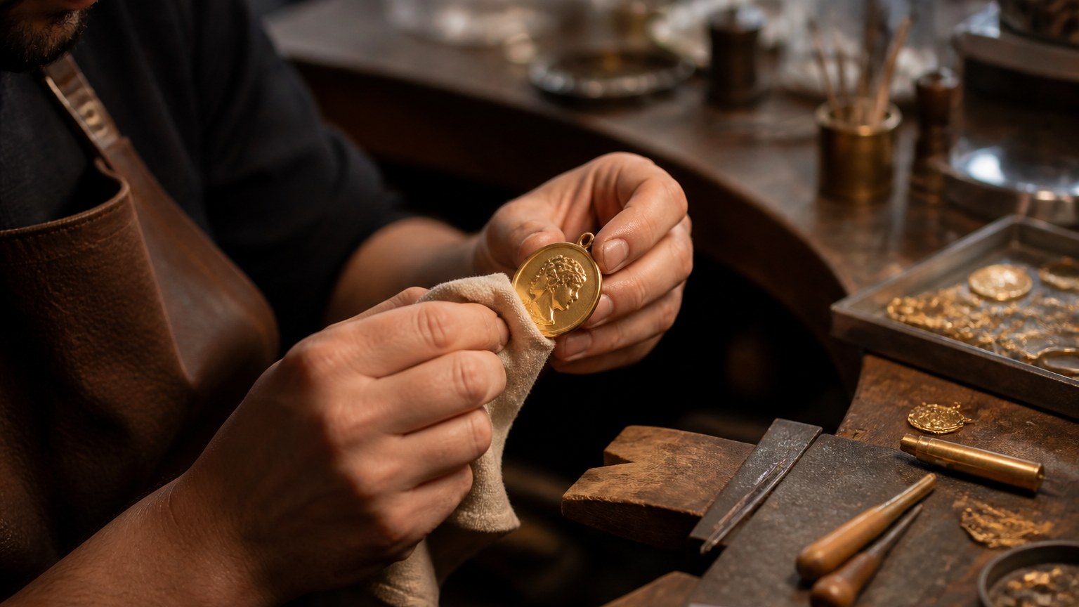 Atelier de bijouterie : polissage d’une médaille en vermeil