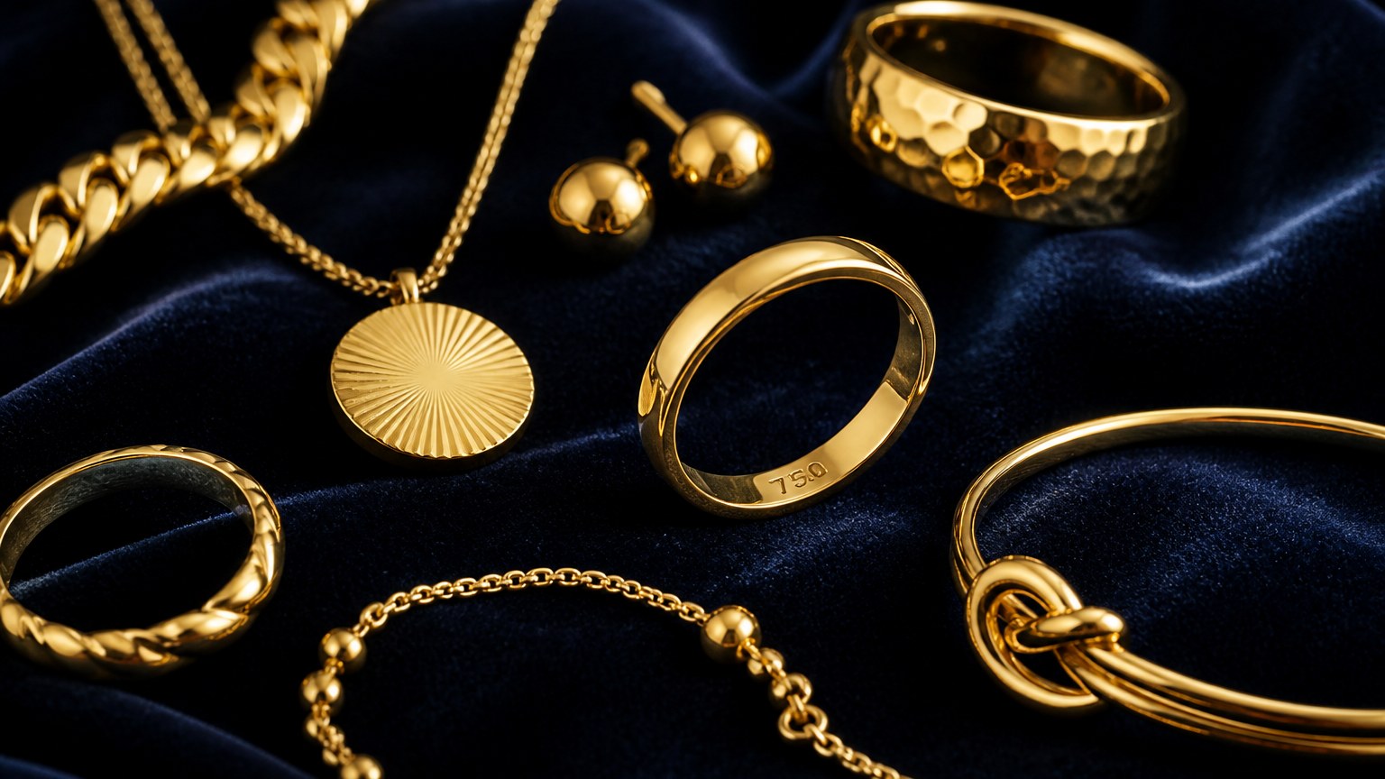 Différents bijoux en or 18 carats avec un poinçon visible