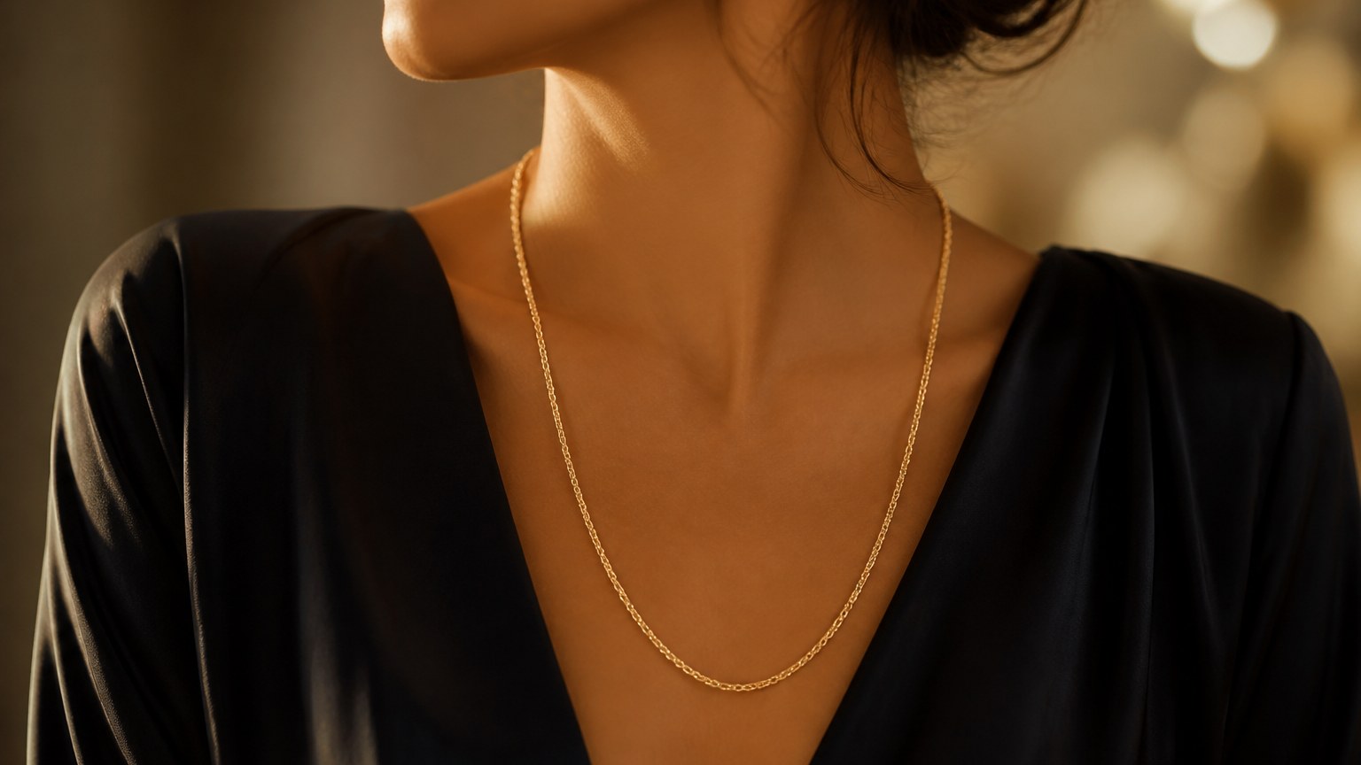 Chaîne or 18 carats 60 cm portée, vue élégante sur cou féminin