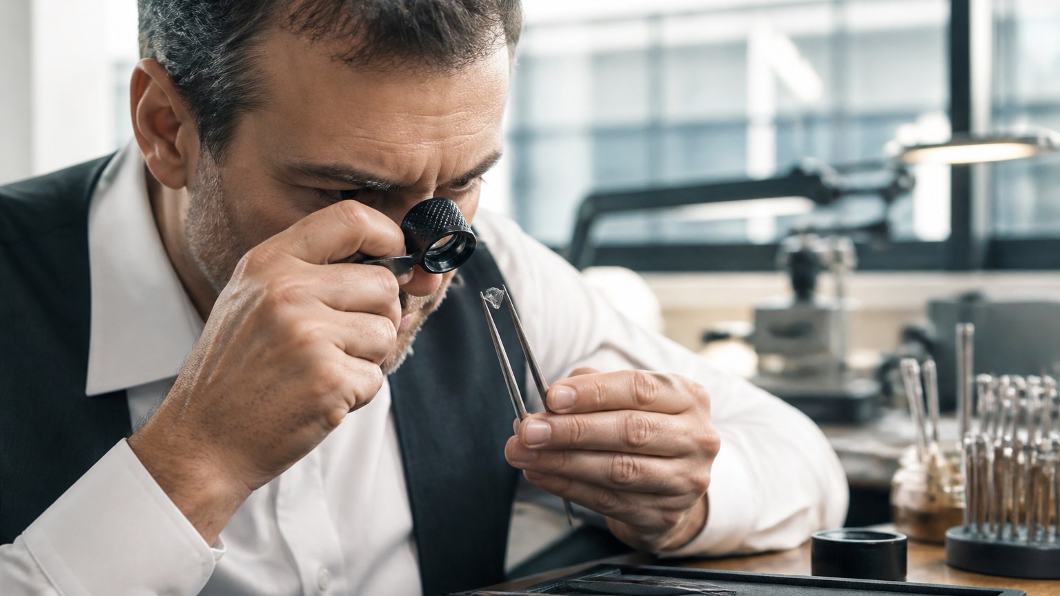 Bijoutier examinant un diamant à la loupe dans son atelier