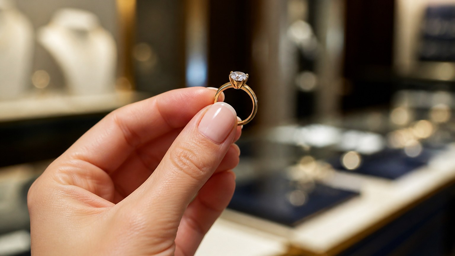 Main tenant une bague en or sertie d'un diamant dans une bijouterie à Tours