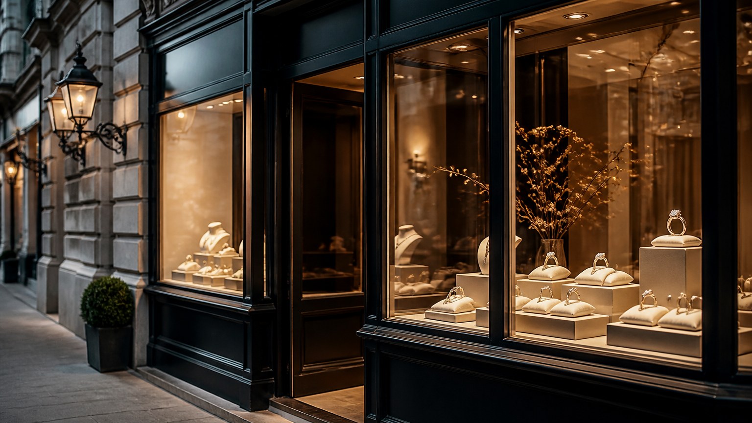Vitrine de bijouterie parisienne avec bagues de fiançailles