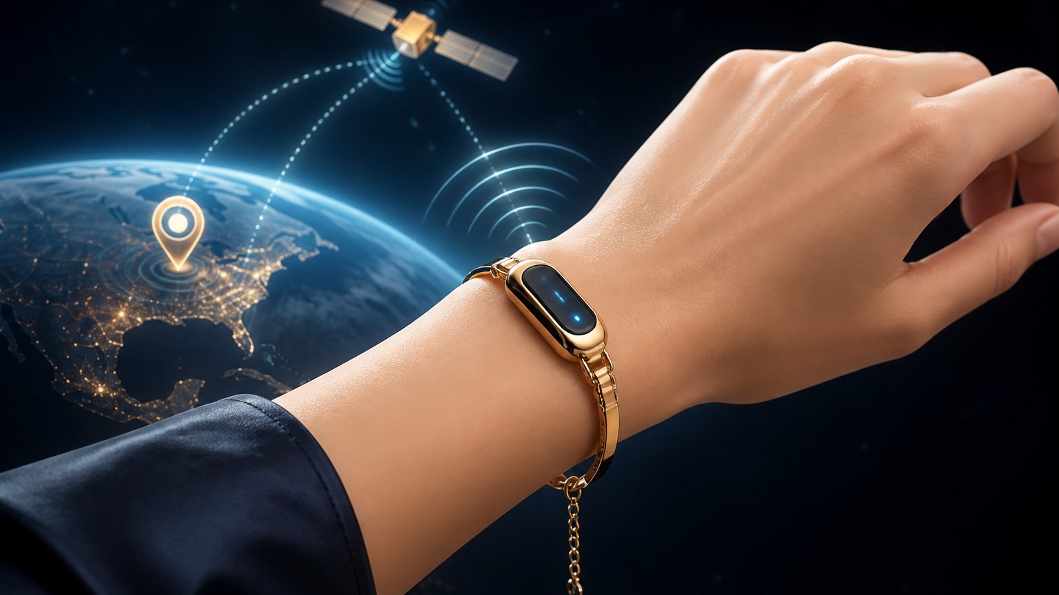 Illustration d’un poignet portant un bracelet électronique connecté avec affichage GPS