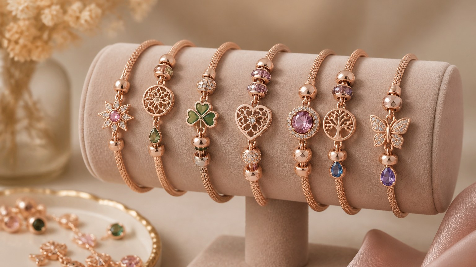 Bracelets personnalisables en or rose avec charms et pierres précieuses