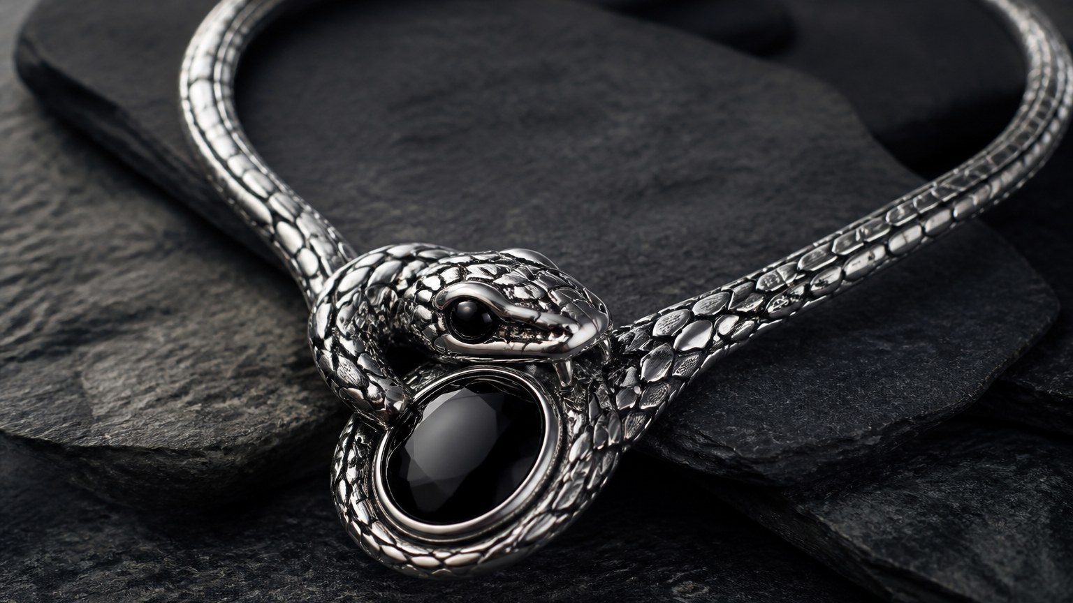 Collier fin en forme de serpent orné d'une pierre d'onyx, inspiré par la couleuvre à collier