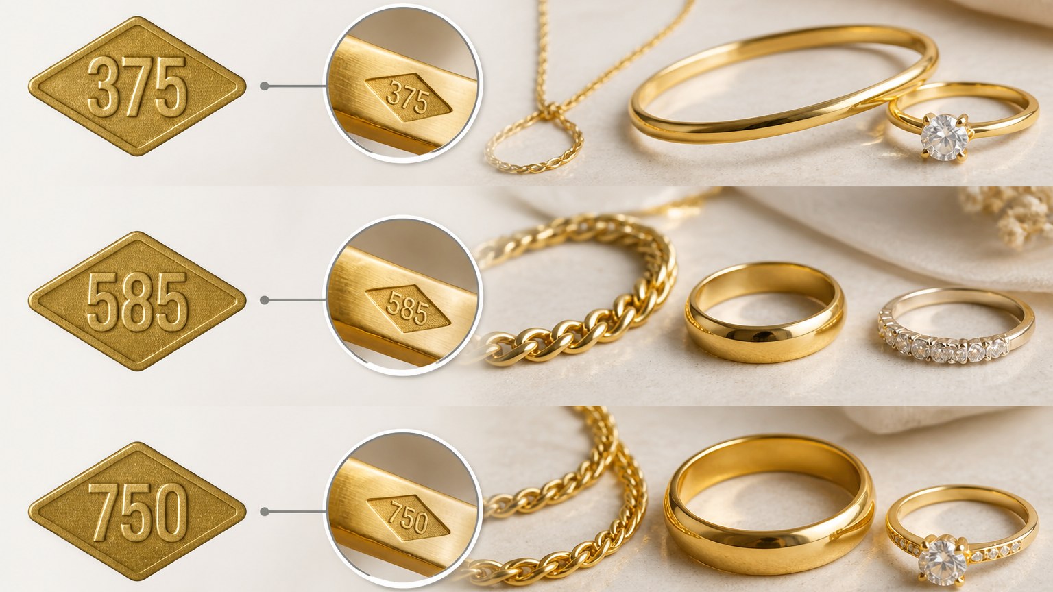 Comparaison graphique des poinçons or losange 375, 585, 750 sur bijoux
