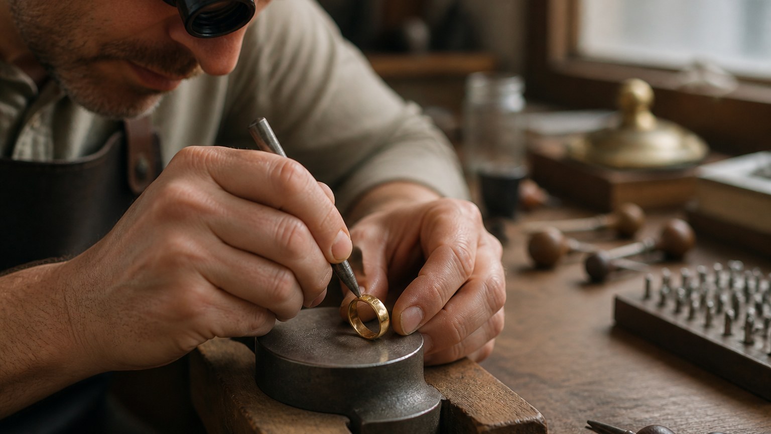 Artisan joaillier suisse poinçonnant une bague en or dans son atelier
