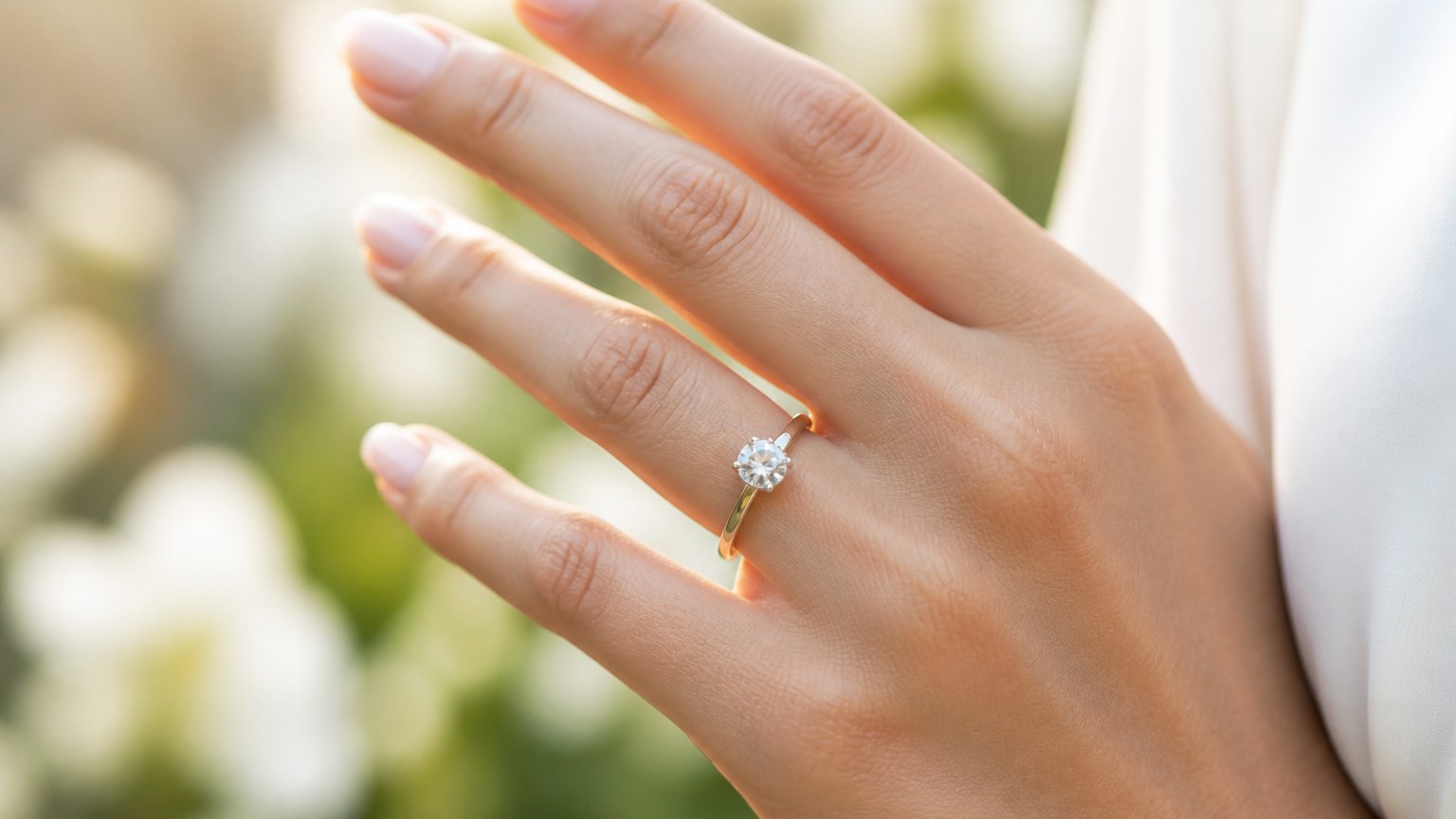 Main portant une bague de fiançailles avec diamant