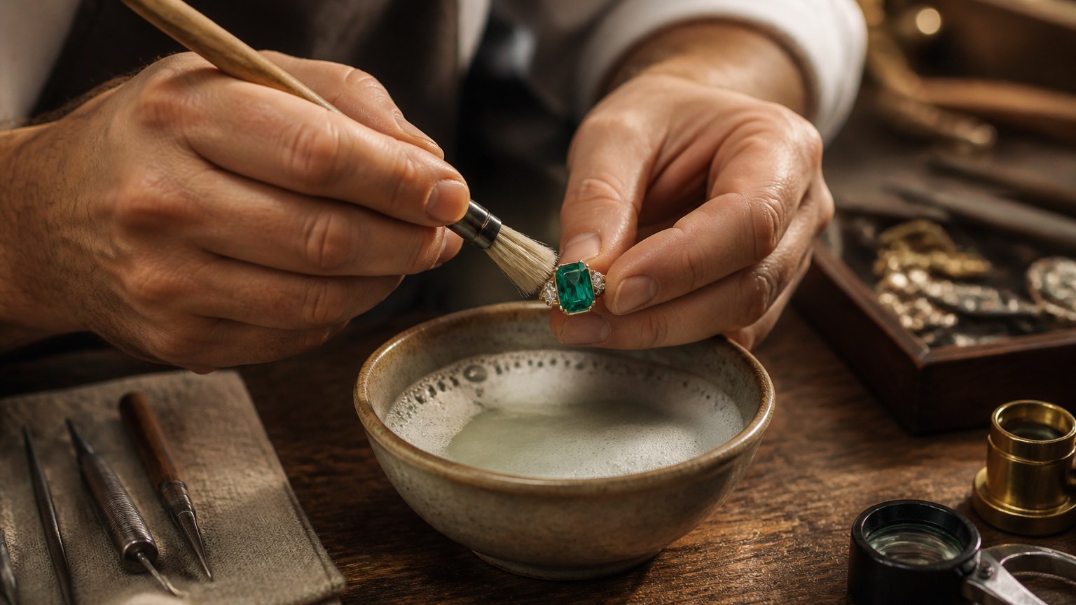 Entretien délicat d'une bague en émeraude avec brosse douce et savon