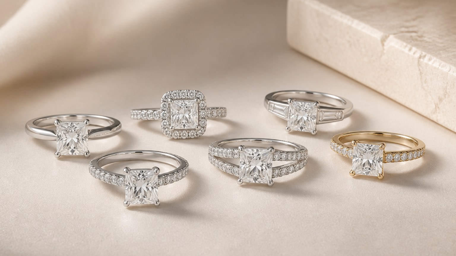 Collection de bagues diamant carré avec différents styles de monture : solitaire, halo, pavé