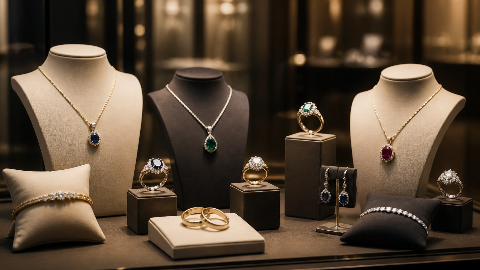 Vitrine de bijouterie avec bijoux précieux exposés