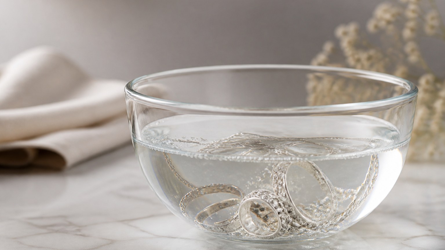 Bijoux en argent trempant dans du vinaigre blanc pour nettoyage