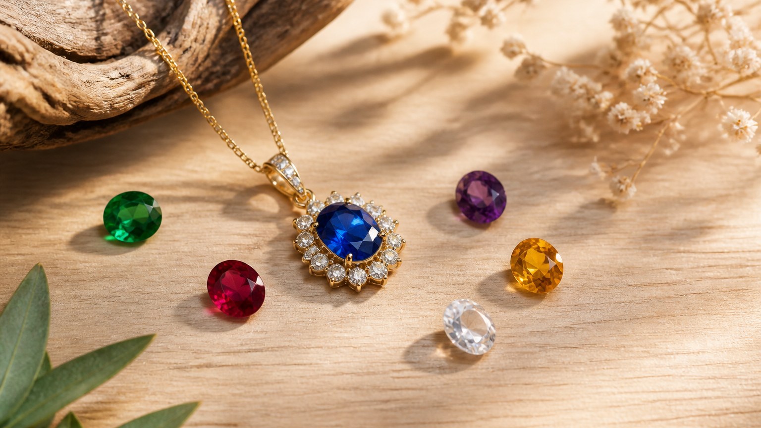 Collier et pierres précieuses exposés sur un fond en bois clair