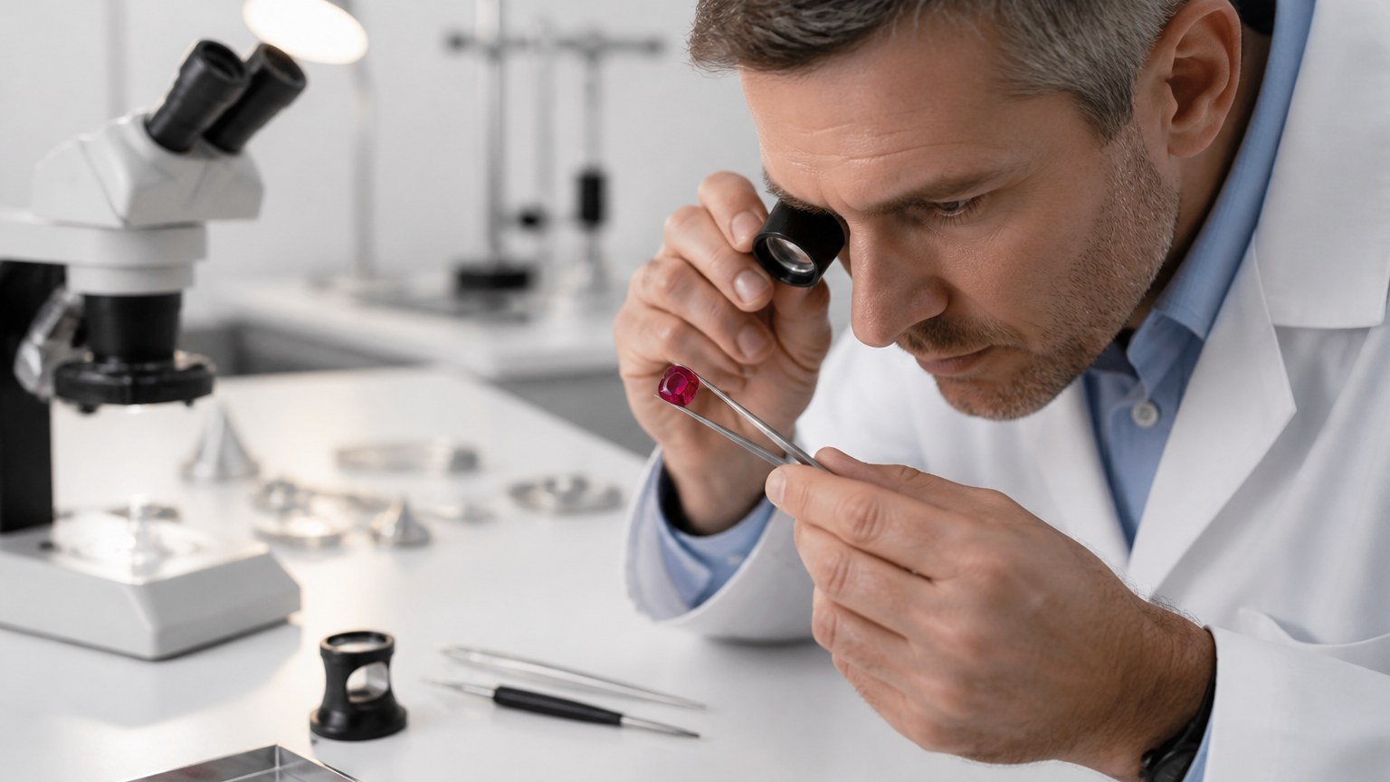 Gemmologue examinant un rubis à la loupe en laboratoire