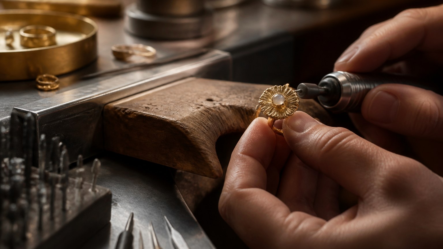 Atelier de bijouterie avec bijou en vermeil en fabrication