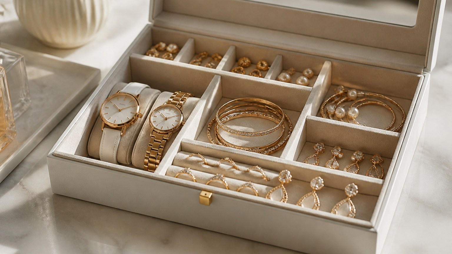 Boîte à bijoux avec divers accessoires