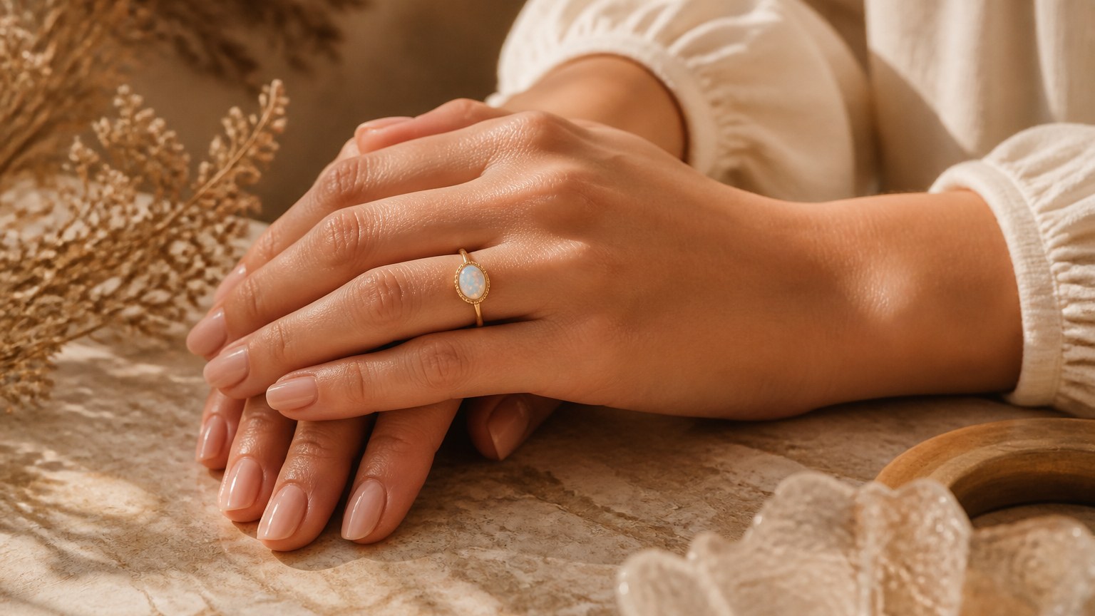 Bague en opaline portée sur une main