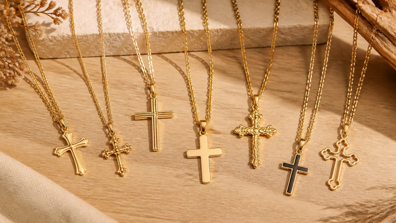 Différentes chaînes en or avec pendentifs croix sur fond bois