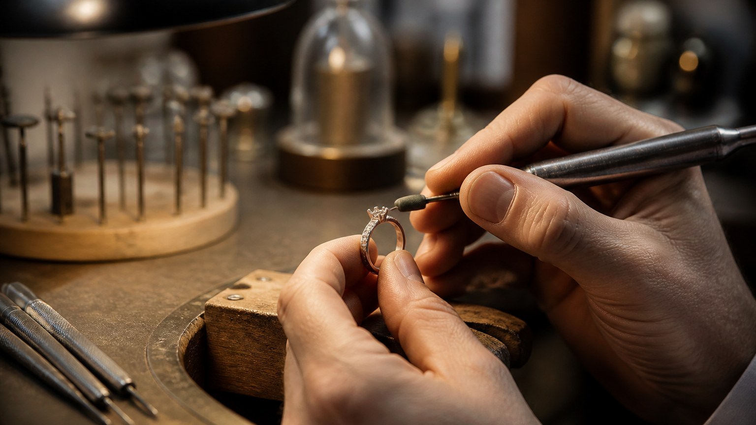 Atelier avec bague en or blanc 18 carats en cours de fabrication