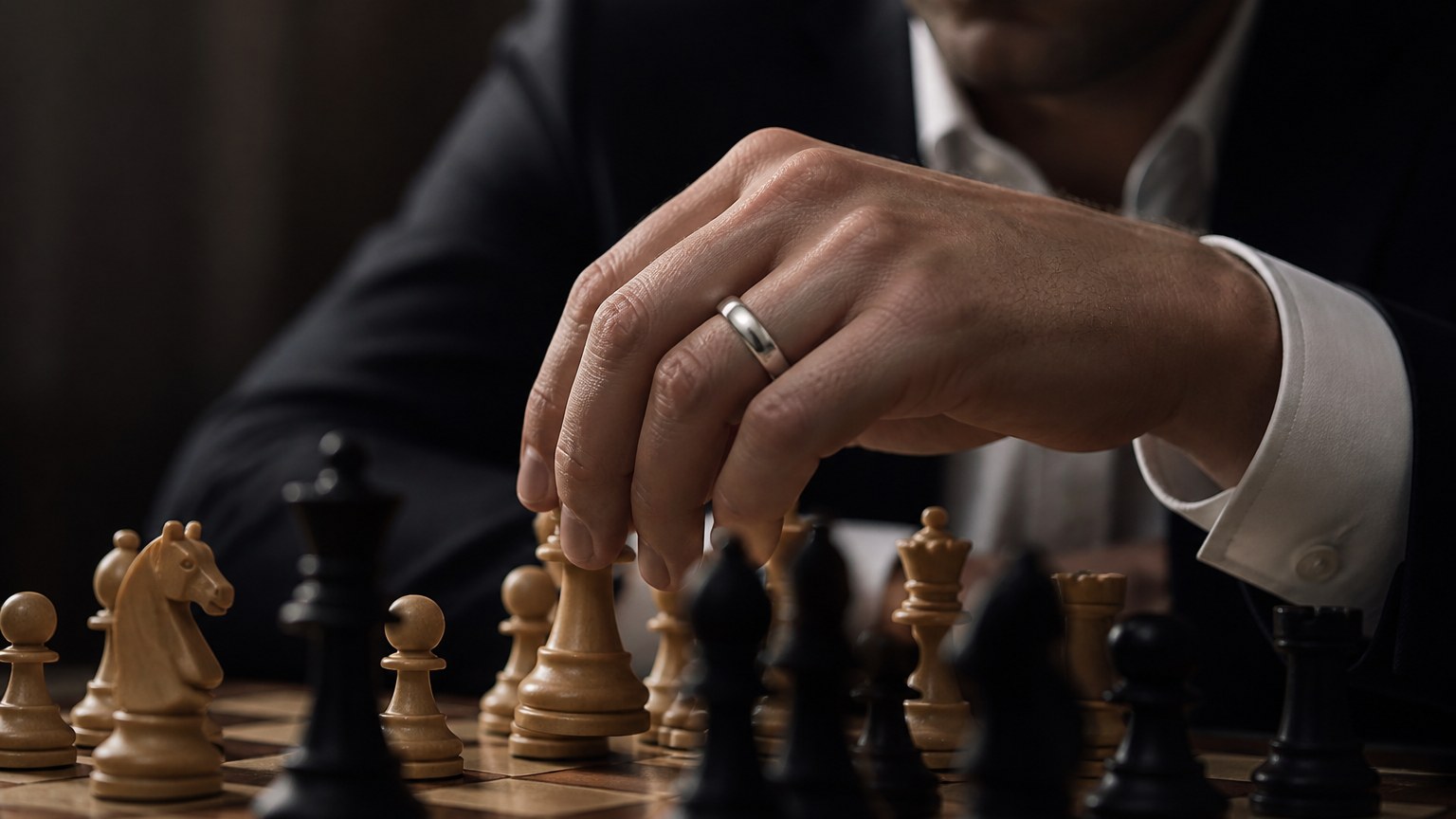 Homme portant une alliance en or blanc jouant aux échecs