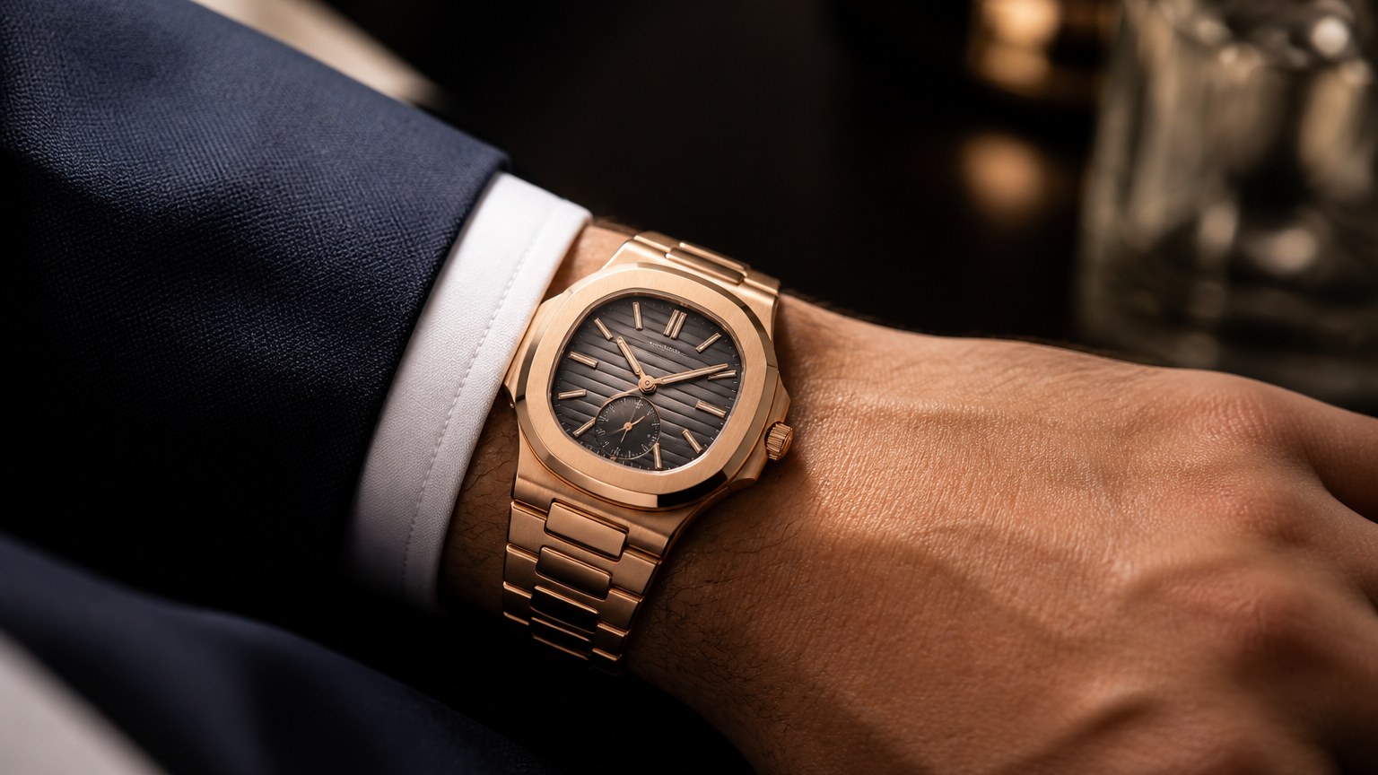 Montre de luxe avec bracelet en or rose 18 carats portée par un homme