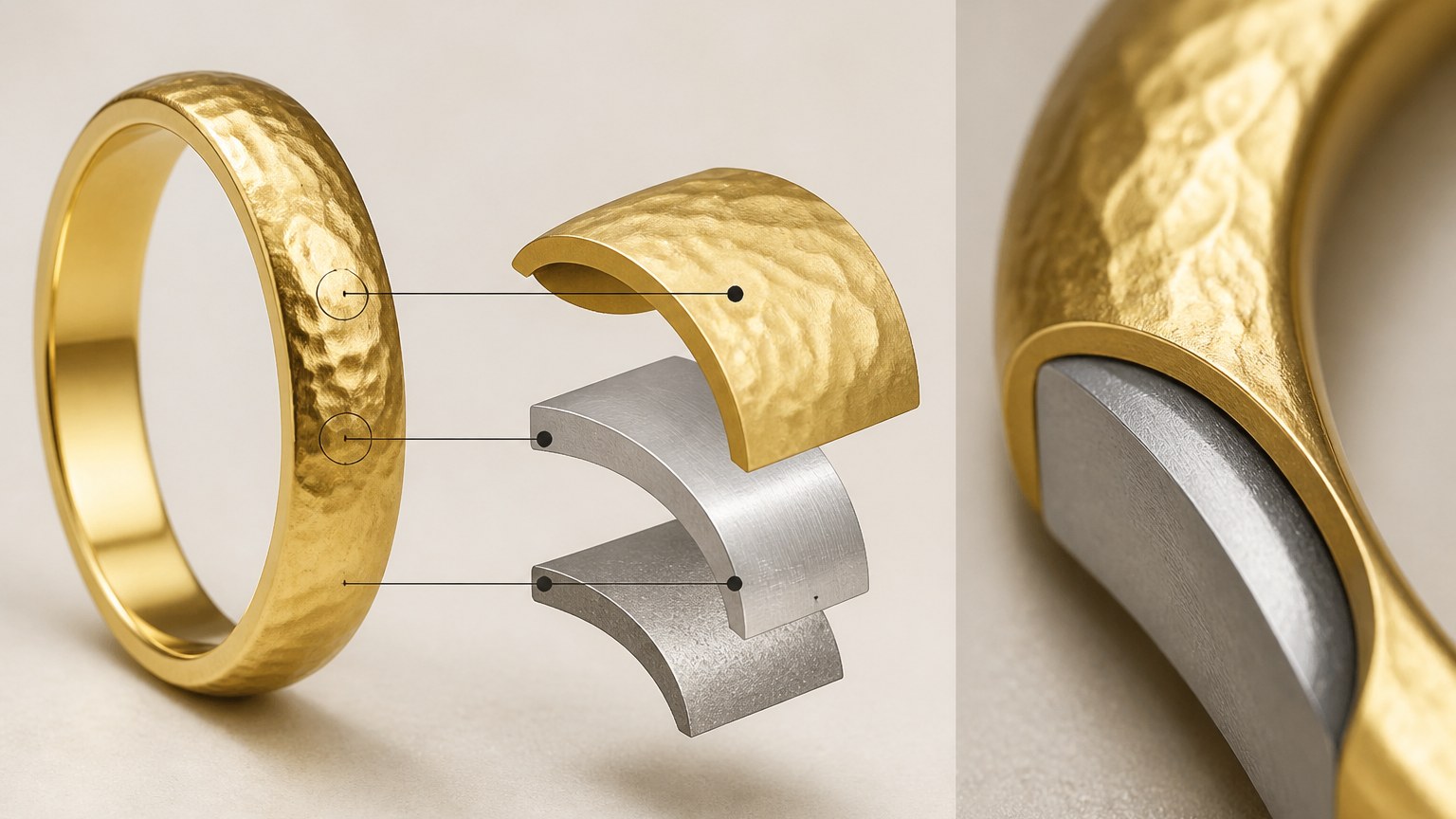 Schéma illustratif des couches composant un bijou en vermeil, argent massif et dorure à l’or