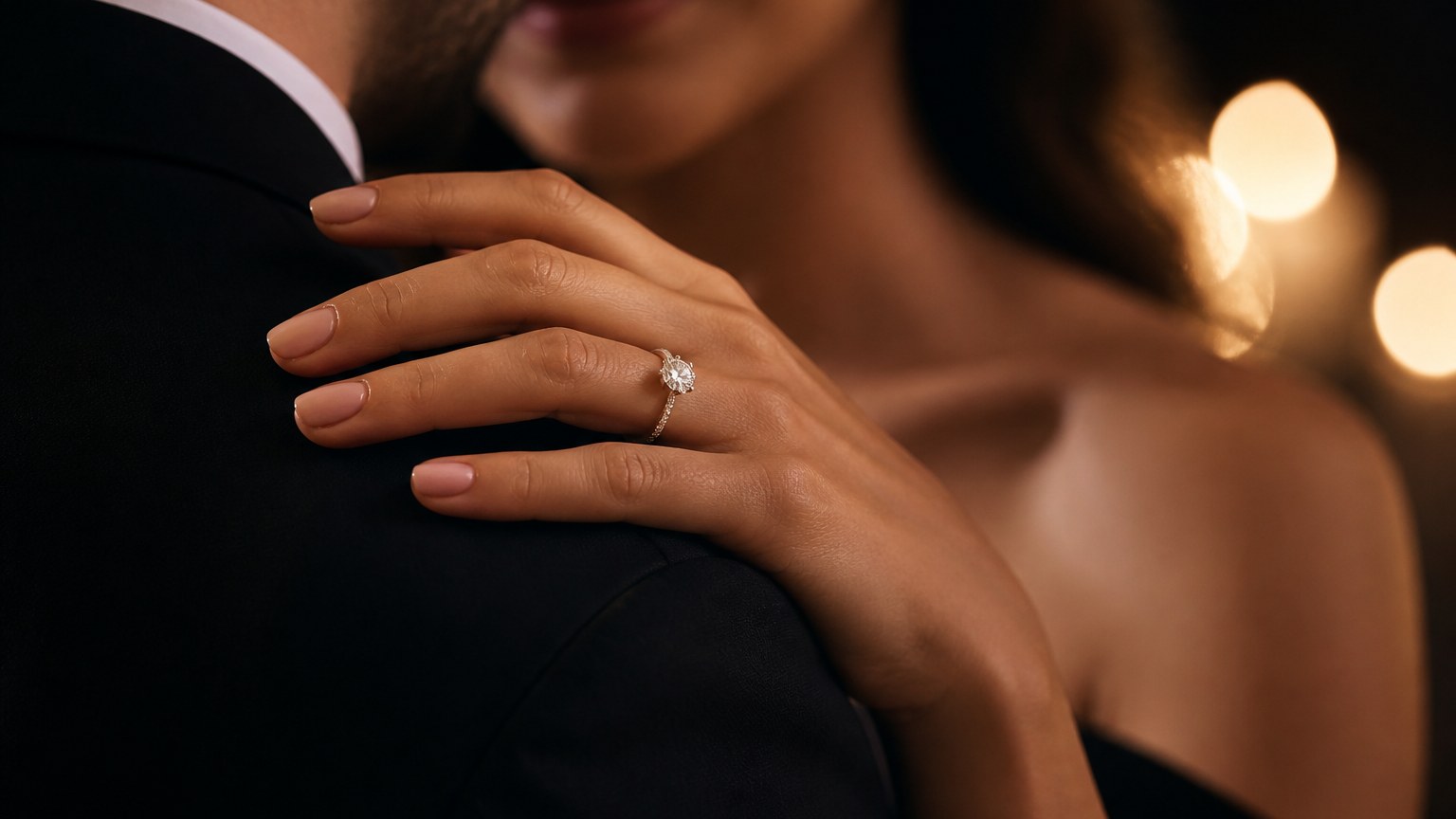 Main de femme avec bague de fiançailles diamant