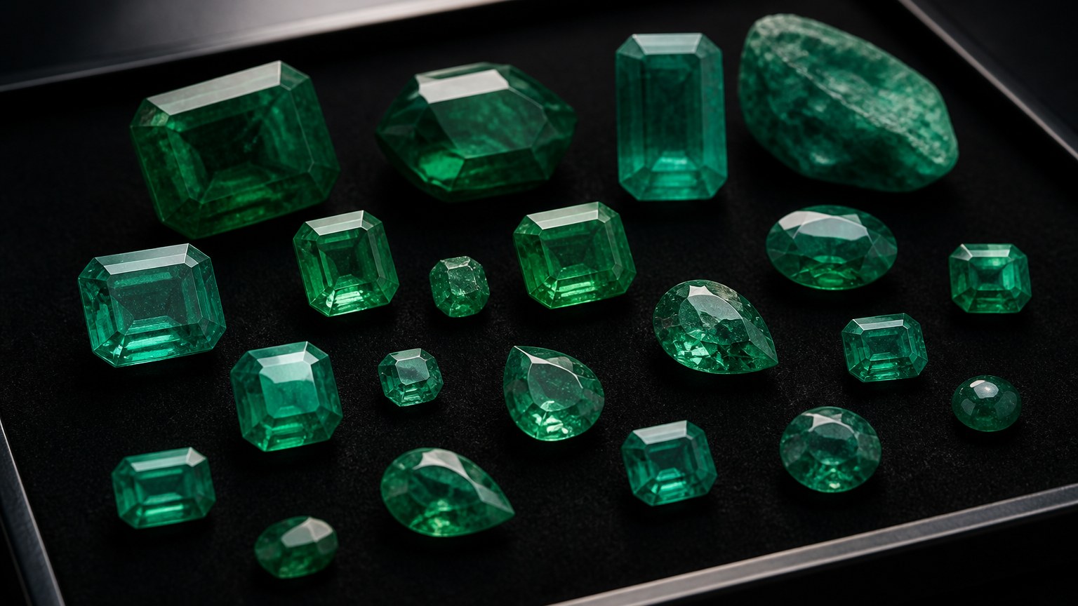 Échantillons d'émeraudes aux diverses qualités et couleurs