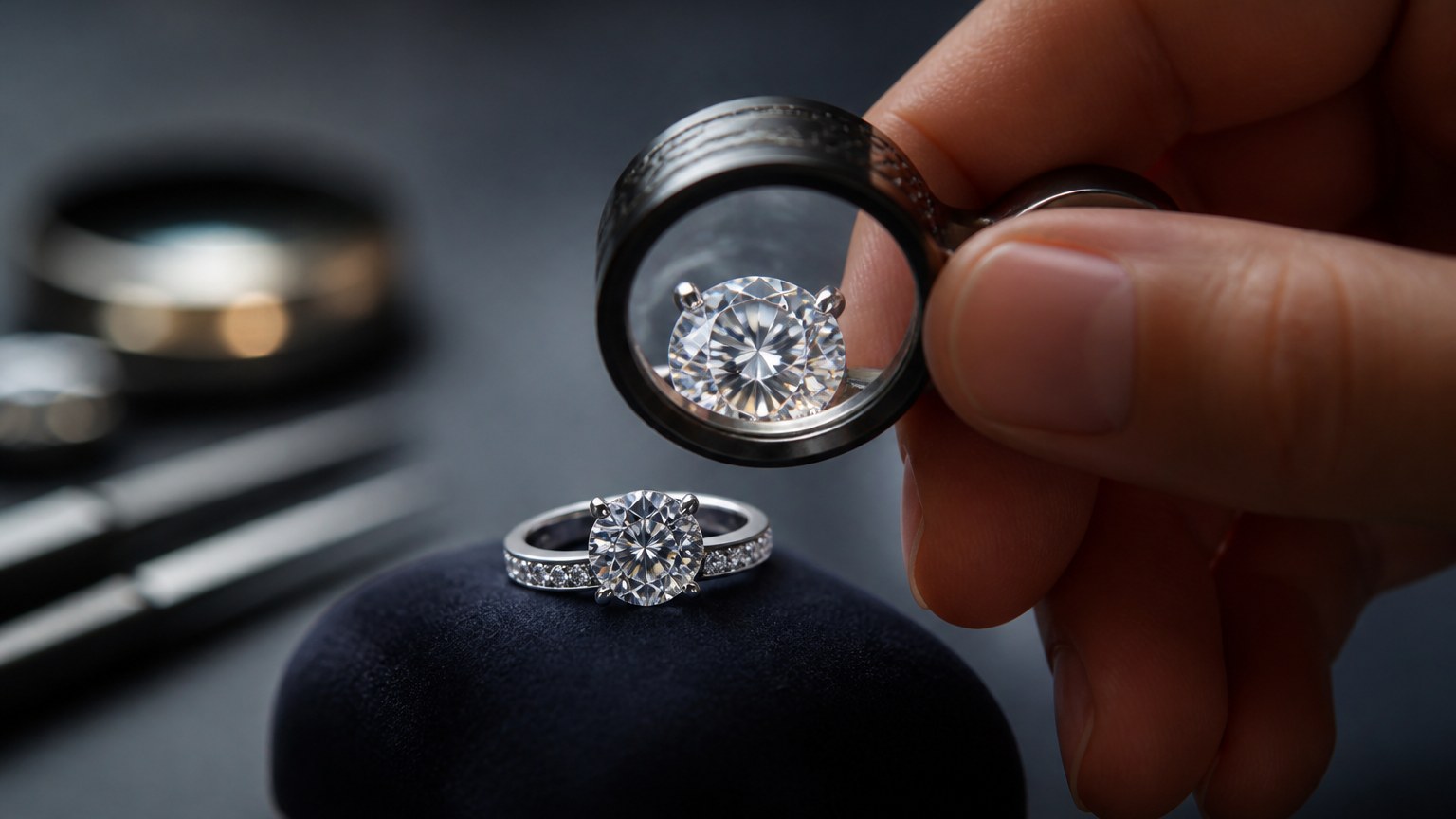 Examen d'un diamant avec loupe pour évaluation de ses caractéristiques