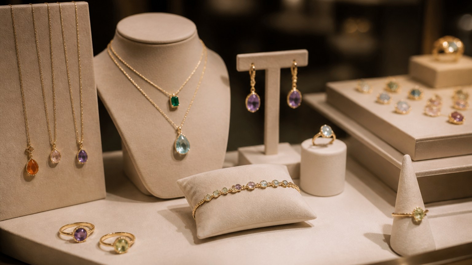 Bijoux en or sertis de pierres fines exposés en vitrine