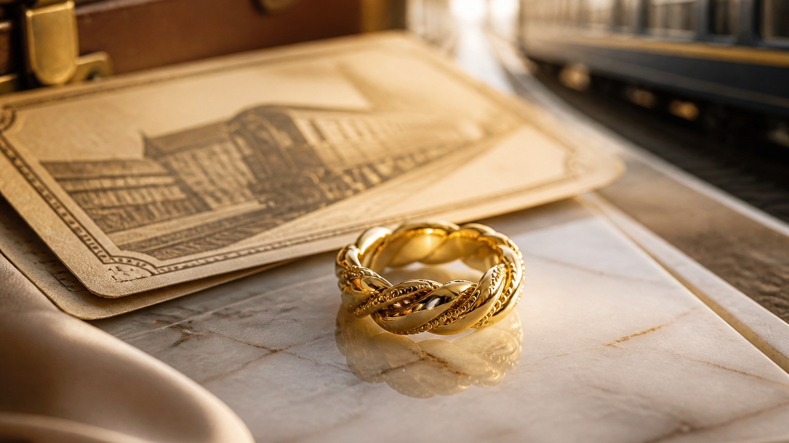 Billet de train avec bague en vermeil superposée symbolisant la carte vermeil SNCF