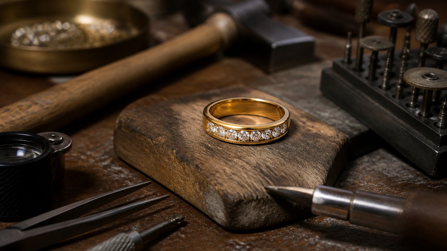 Atelier de bijoutier avec une alliance or jaune sertie de diamants sur un établi