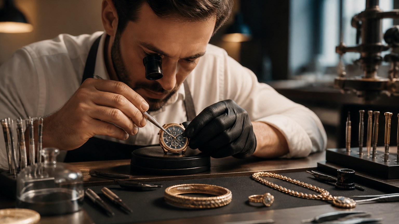 Professionnel entretenant une montre et des bijoux en atelier