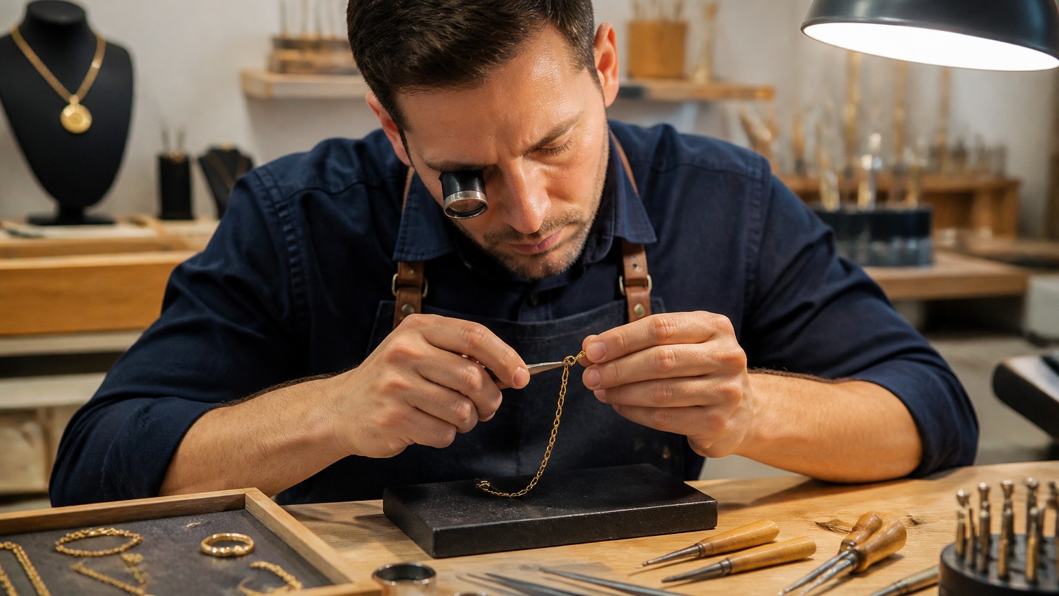 Réparation de collier en atelier de bijouterie