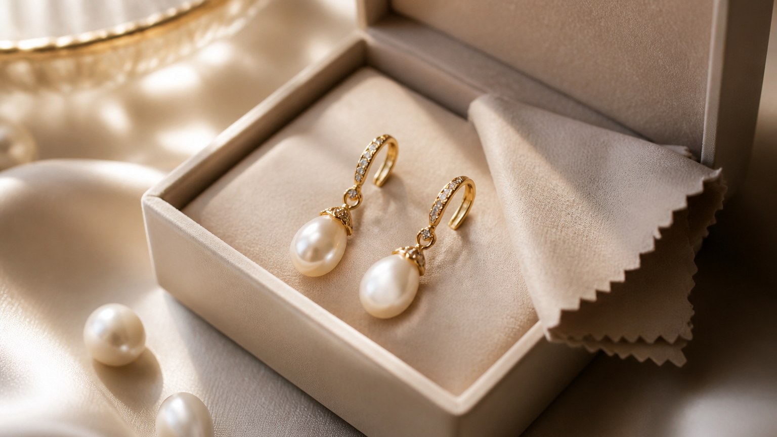 Boîte à bijoux avec boucles d'oreilles en perle et chiffon de nettoyage