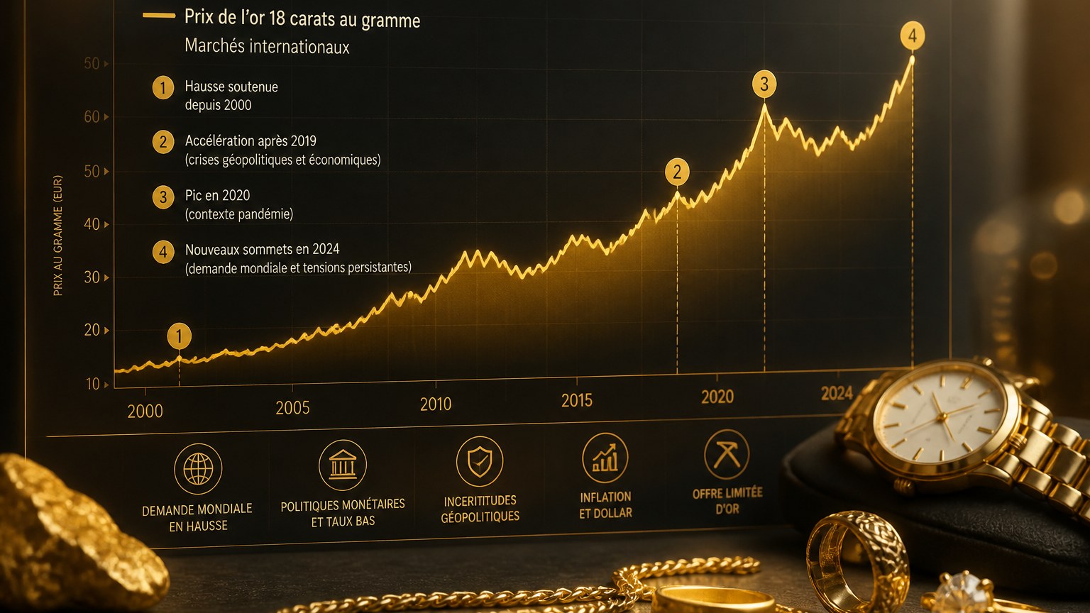 Graphique de l'évolution du cours du prix du gramme d'or 18 carats