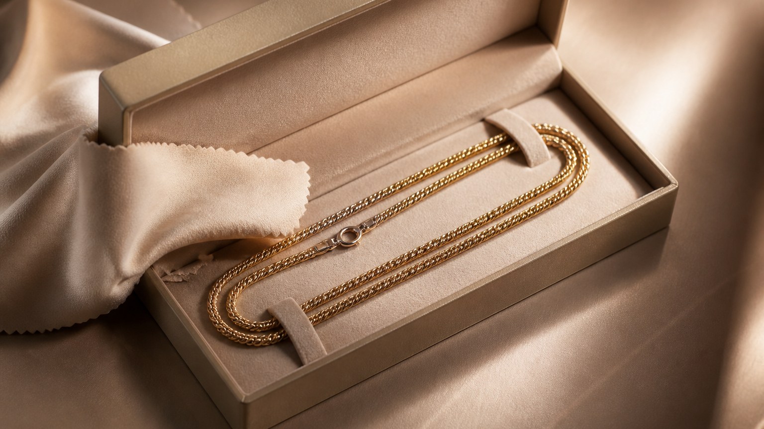 Chaîne or 18 carats 60 cm rangée dans un écrin avec accessoires d'entretien
