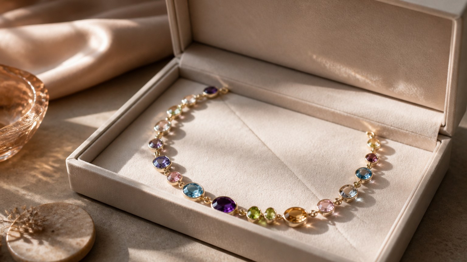 Rangement soigné d'un collier en pierres fines multicolores dans un écrin