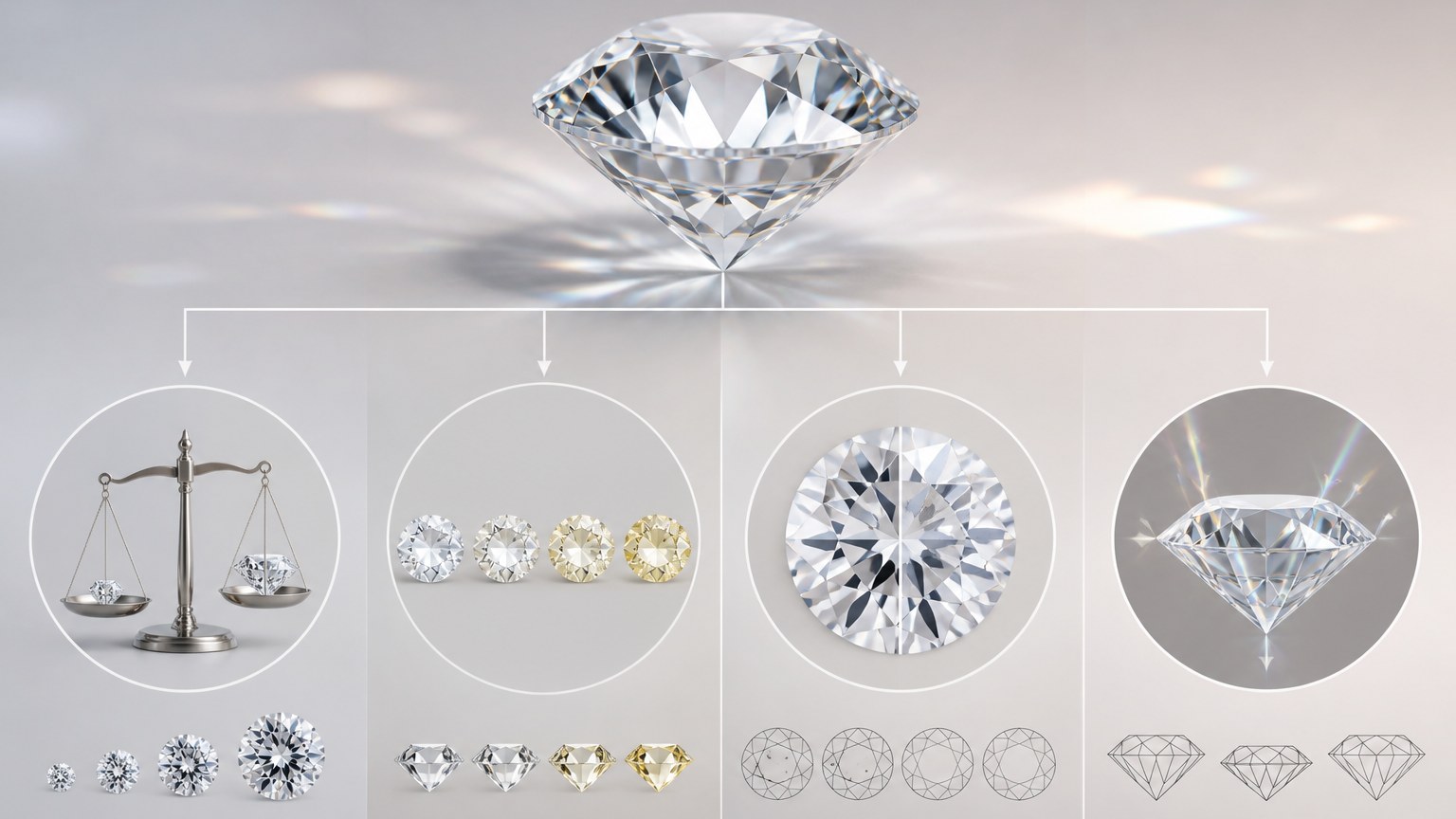 Diagramme pédagogique des 4C du diamant : poids, couleur, pureté, taille