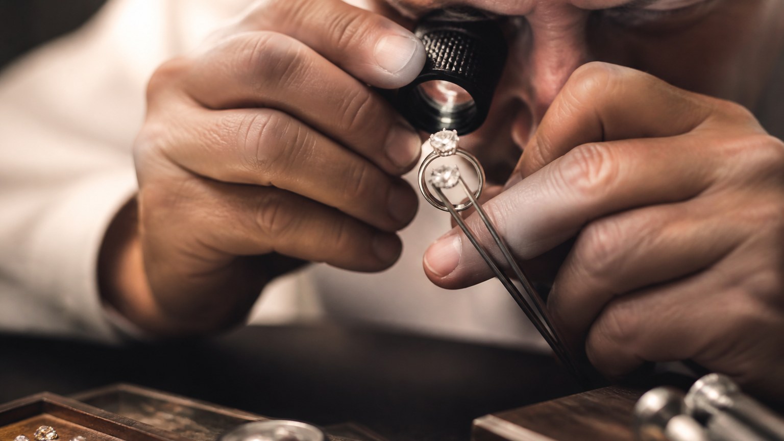 Expert joaillier examinant un diamant à la loupe
