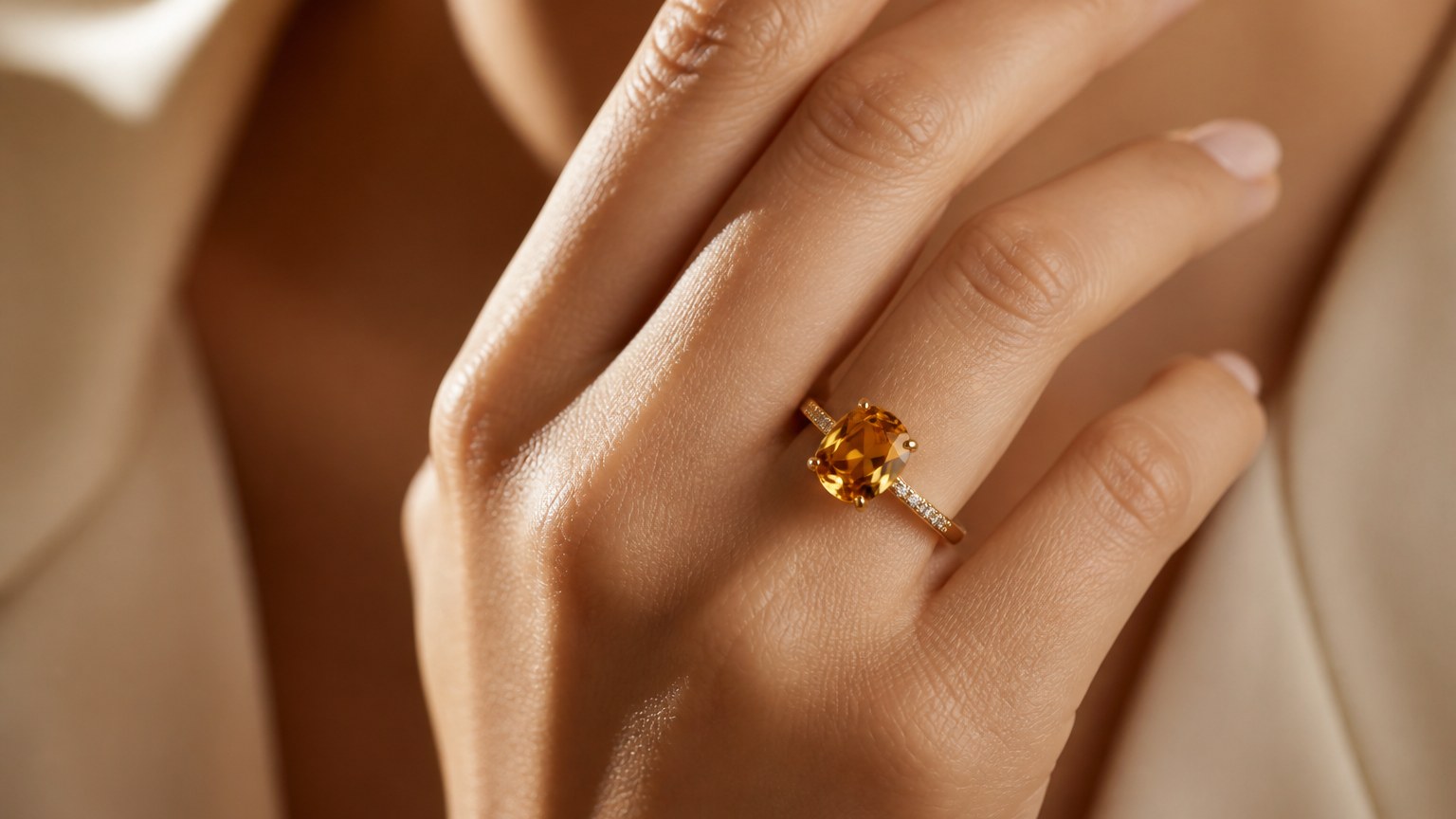 Main portant une bague en or sertie d'une pierre précieuse
