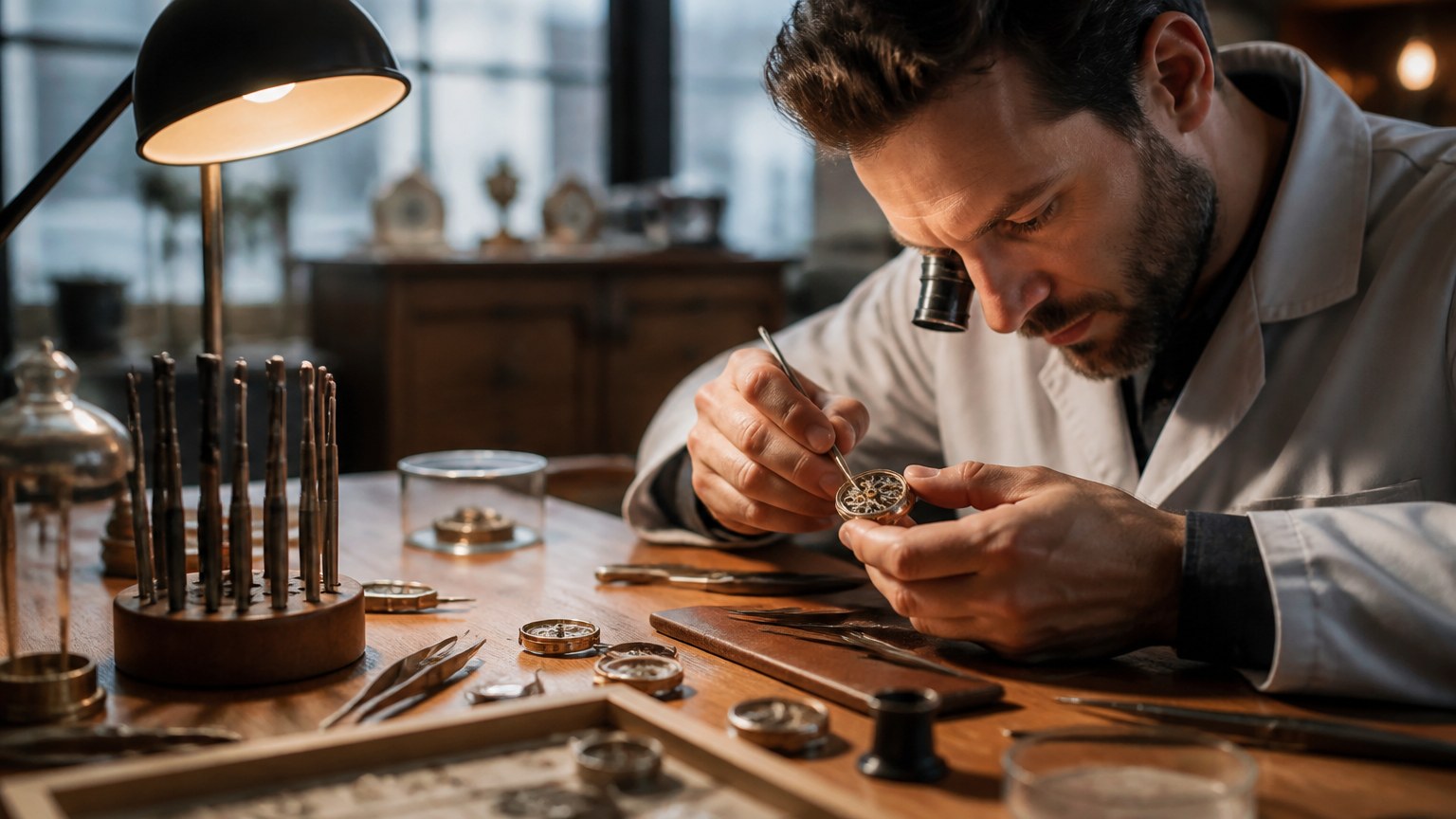 Atelier de bijouterie artisanale à Tours avec un bijoutier réparant une montre