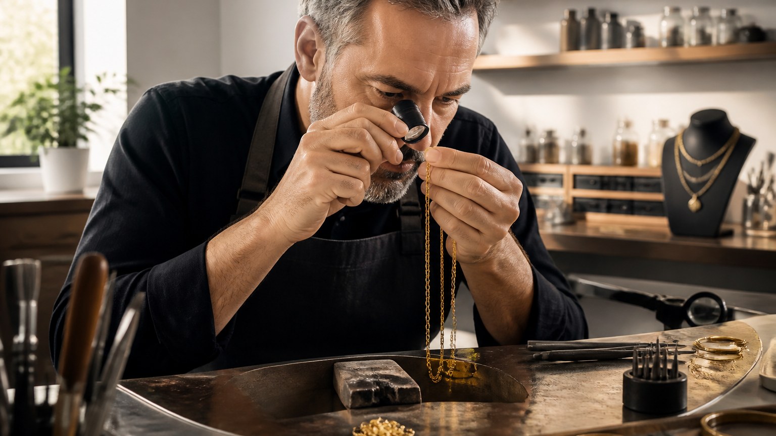 Bijoutier expert vérifiant une chaîne en or avec une loupe