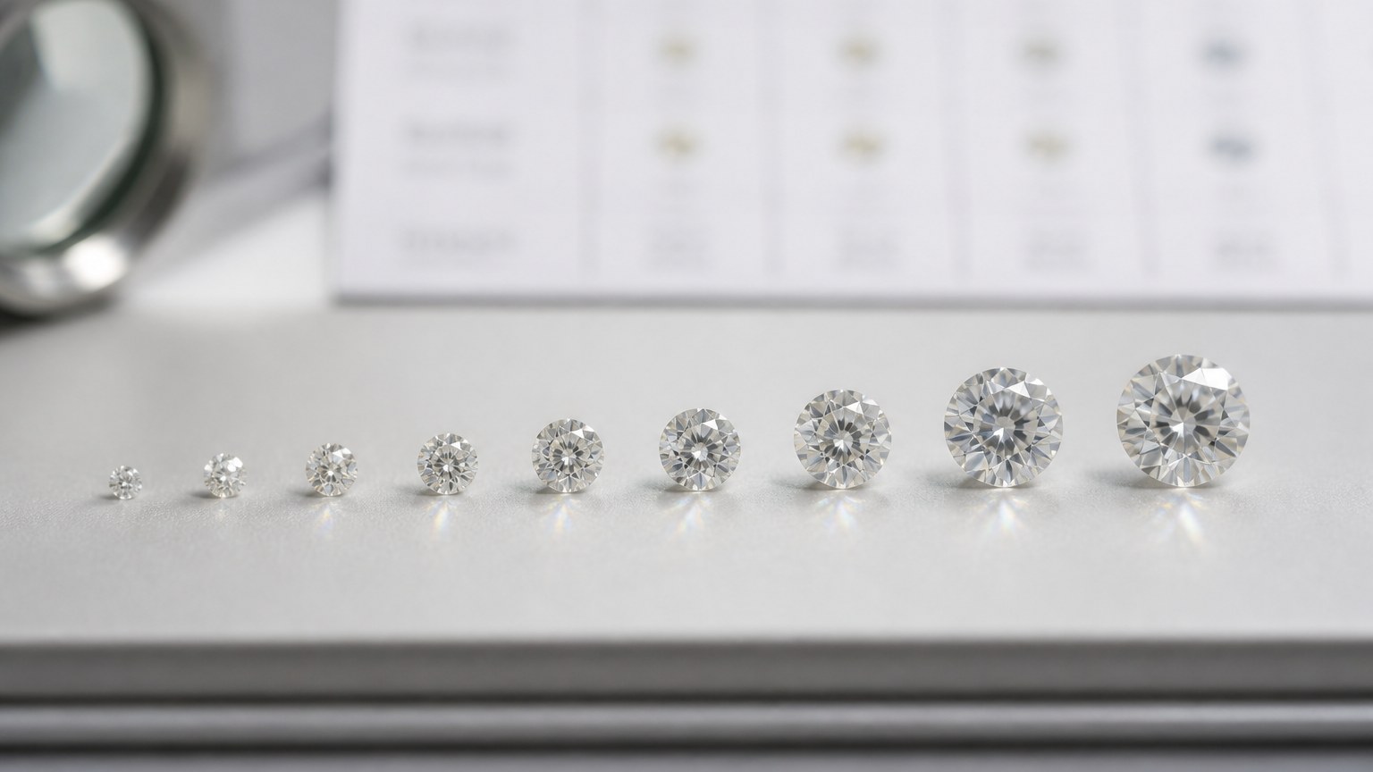 Comparaison de diamants de 0,01 à 0,10 carat avec caractéristiques