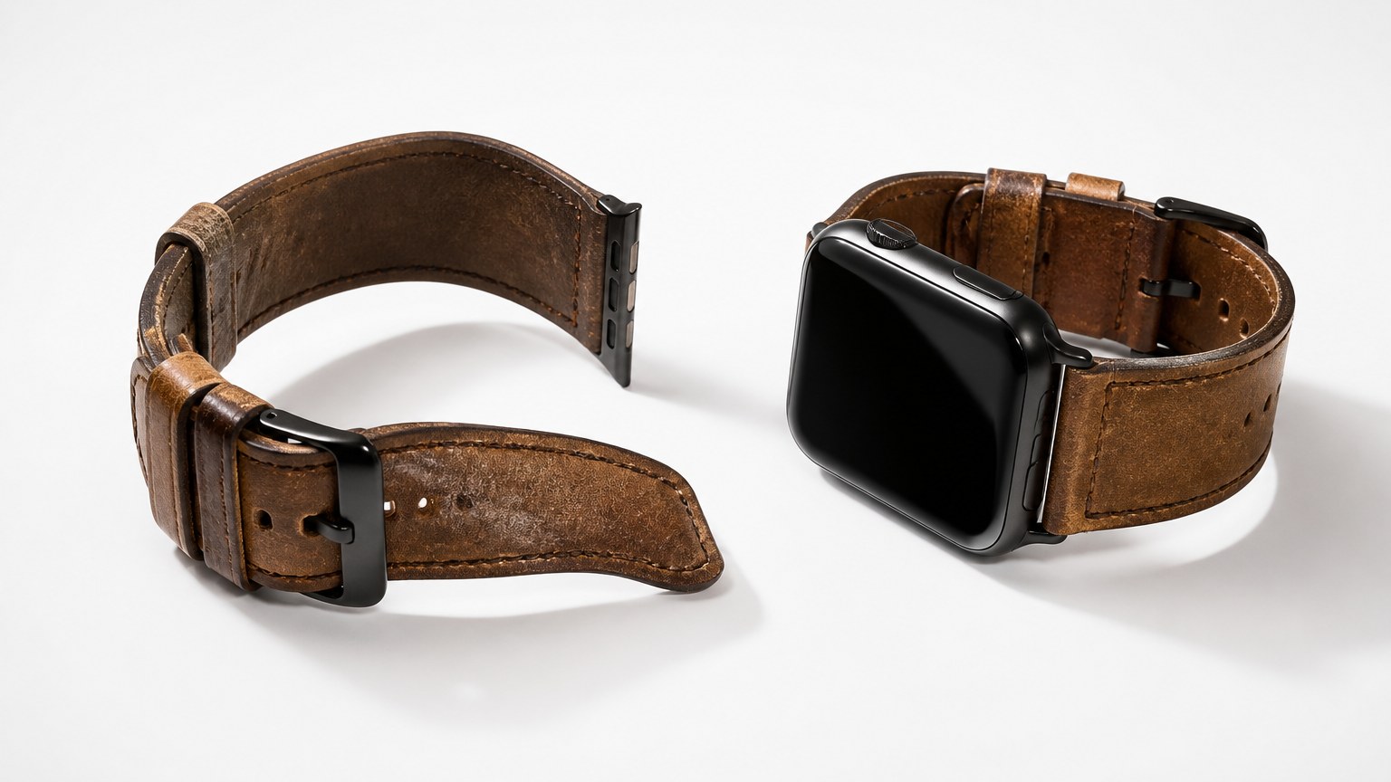 Bracelet cuir marron vintage pour Apple Watch sur fond blanc