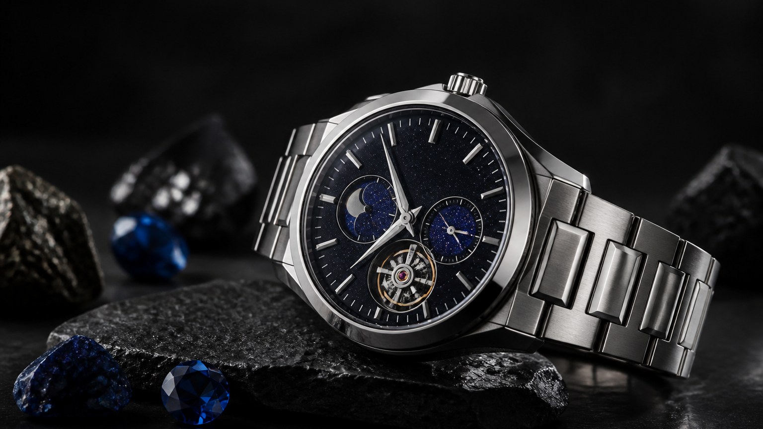 Montre homme boîtier acier inoxydable poli avec pierres précieuses